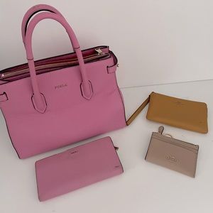 Lot of 4 items: Furla Pink Tote, Furla wallet,coach wristlet, credit card holder